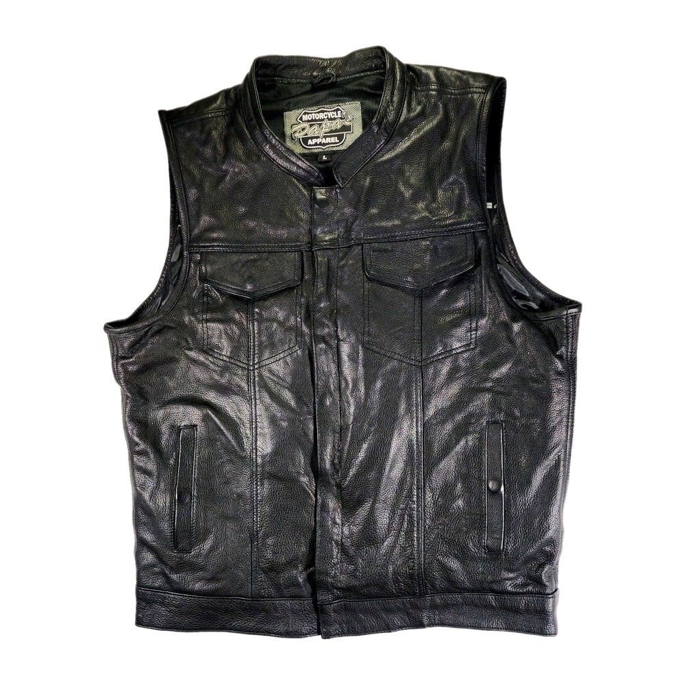 Men's Motorcycle Vest Large Black Leather Made in USA Papa's Apparel Lined EUC